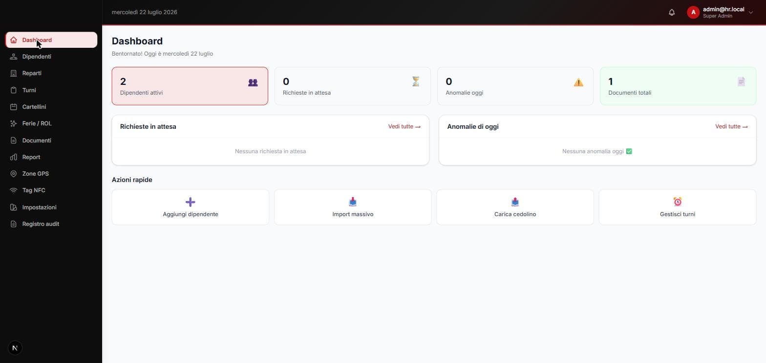 Dashboard di HR Portal con dipendenti attivi, richieste in attesa e anomalie del giorno